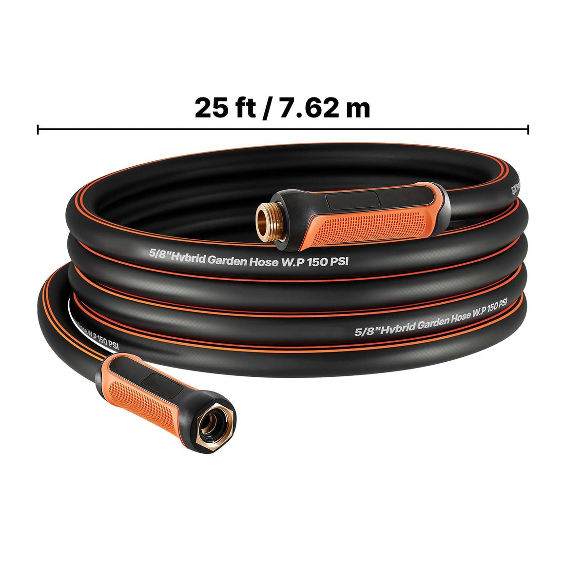 Garden Hose, 25 ft 5/8" Heavy Duty 4-Layer Rubber Water Hose, 150PSI Working & 600PSI Burst, Flexible & Non-kink Outdoor Waterhose with 3/4" Fitting, Lightweight Hoses for Gardening Cleaning