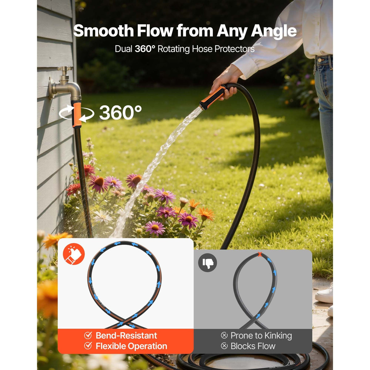 Garden Hose, 50 ft 5/8" Heavy Duty 4-Layer Rubber Water Hose, 150PSI Working & 600PSI Burst, Flexible & Non-kink Outdoor Waterhose with 3/4" Fitting, Lightweight Hoses for Gardening Cleaning