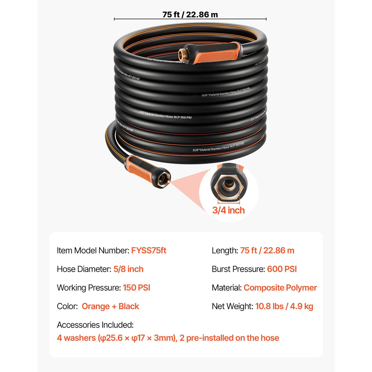 Garden Hose, 75 ft 5/8" Heavy Duty 4-Layer Rubber Water Hose, 150PSI Working & 600PSI Burst, Flexible & Non-kink Outdoor Waterhose with 3/4" Fitting, Lightweight Hoses for Gardening Cleaning
