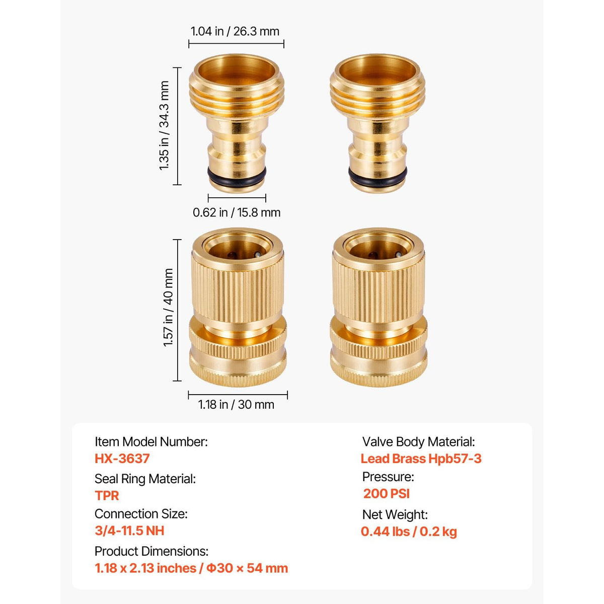 Garden Hose Quick Connect, 3/4 inch Male & Female, 200 PSI Heavy Duty Solid Brass Quick Connector, 2 Sets Garden Hose Fitting, No Leak Water Hoses Connectors with Gaskets