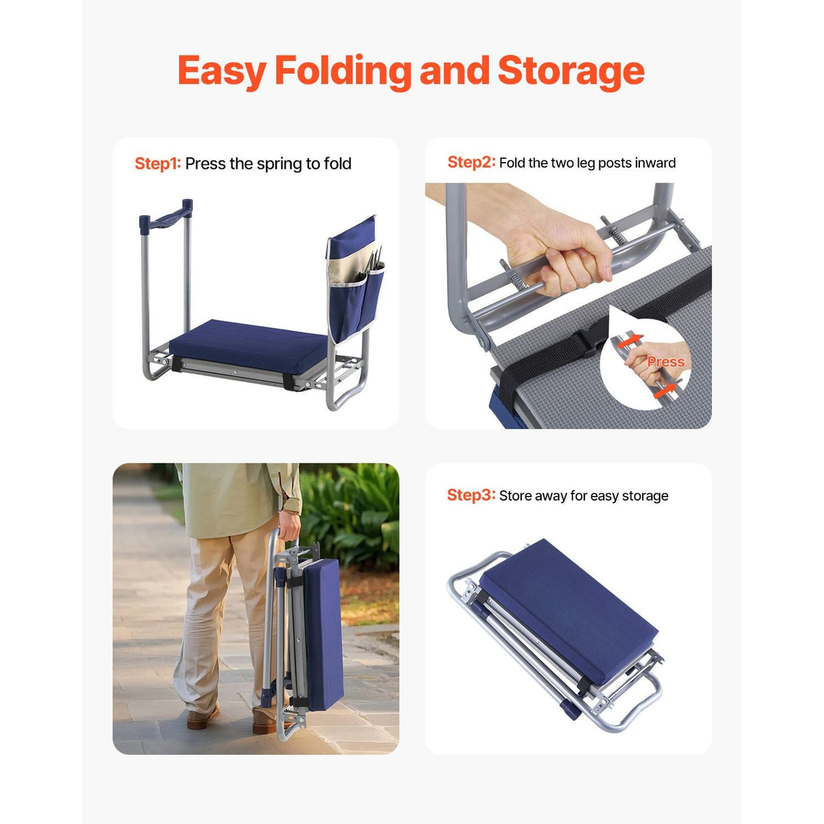 Garden Kneeler and Seat, 11 in Wide Thick Kneeling Pad, Heavy Duty Garden Kneeling Stool, Folding Garden Seat with 1 Tool Bag, Relieve Knee & Back Pain, Non-Slip Garden Bench for Grandparents