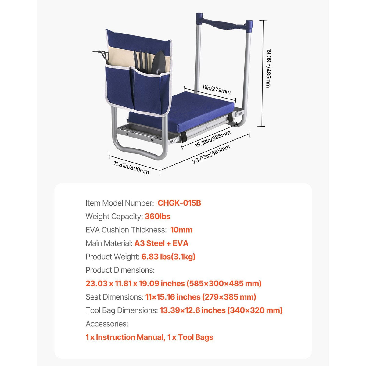 Garden Kneeler and Seat, 11 in Wide Thick Kneeling Pad, Heavy Duty Garden Kneeling Stool, Folding Garden Seat with 1 Tool Bag, Relieve Knee & Back Pain, Non-Slip Garden Bench for Grandparents