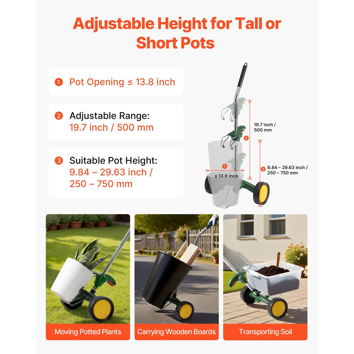 Garden Pot Mover, Heavy Duty Plant Dolly Cart with Adjustable Grabbing Arm, Max 143 LBS Weight Capacity, Potted Plant Mover Dolly with Suction Cup and Secure Lock, Fits for Indoor & Outdoor Use