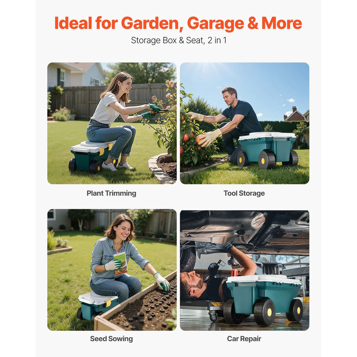 Garden Scooter with Seat, 2 in 1 Rolling Garden Cart with Storage Bin, Supports up to 227 lbs, Outdoor Wagon with Handle, Lightweight Storage Gardening Stool for Yard Weeding Planting