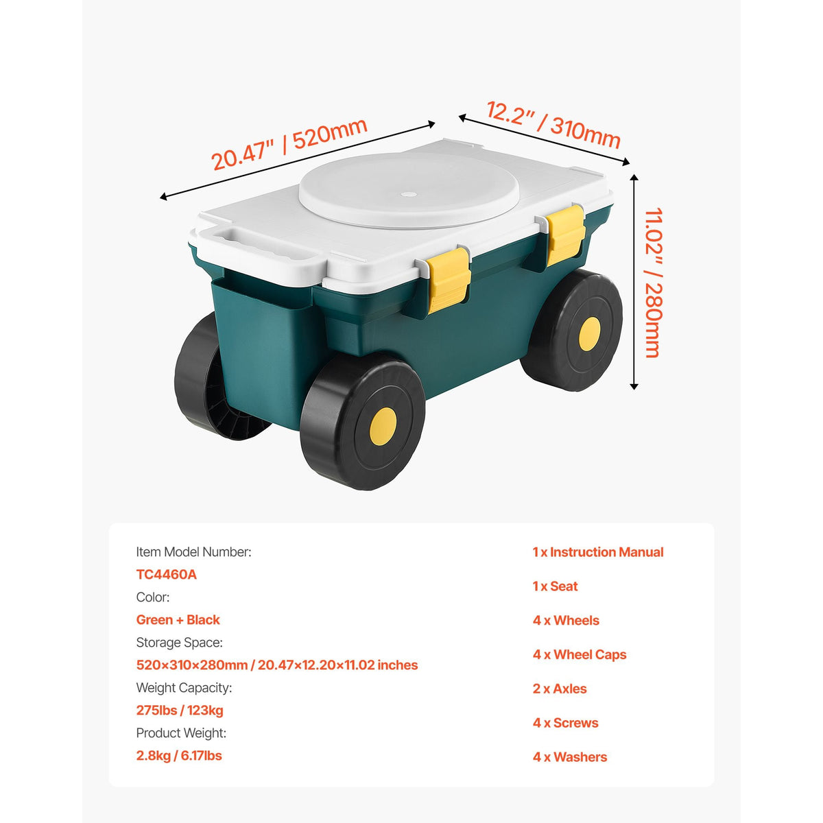 Garden Scooter with Seat, 2 in 1 Rolling Garden Cart with Storage Bin, Supports up to 227 lbs, Outdoor Wagon with Handle, Lightweight Storage Gardening Stool for Yard Weeding Planting