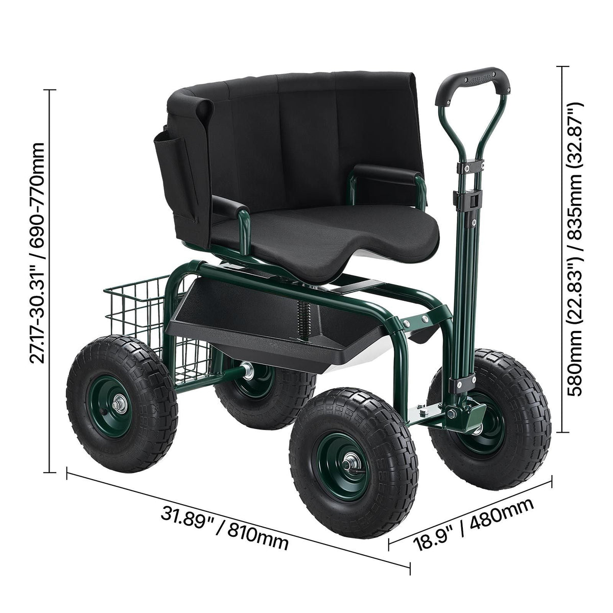 Garden Seat with Wheels, Rolling Garden Stool with Height Adjustable & 360° Swivel Seat, 400lbs Weight Capacity, Gardening Cart Bench, Ergonomic Backrest & Tool Storage, for Garden, Yard, Patio