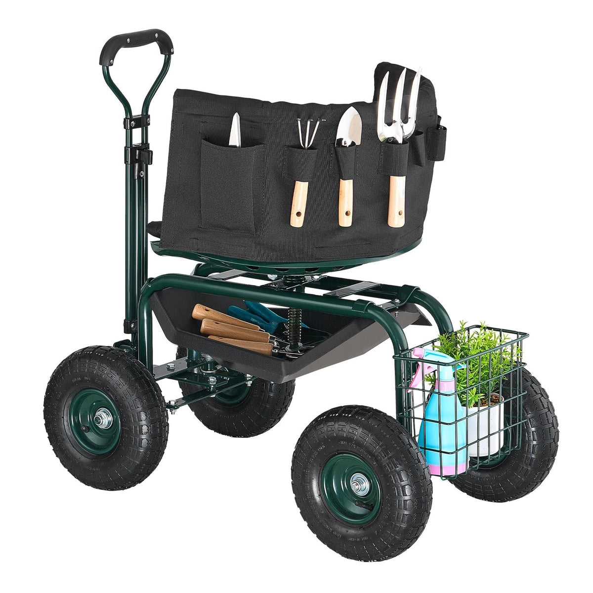 Garden Seat with Wheels, Rolling Garden Stool with Height Adjustable & 360° Swivel Seat, 400lbs Weight Capacity, Gardening Cart Bench, Ergonomic Backrest & Tool Storage, for Garden, Yard, Patio