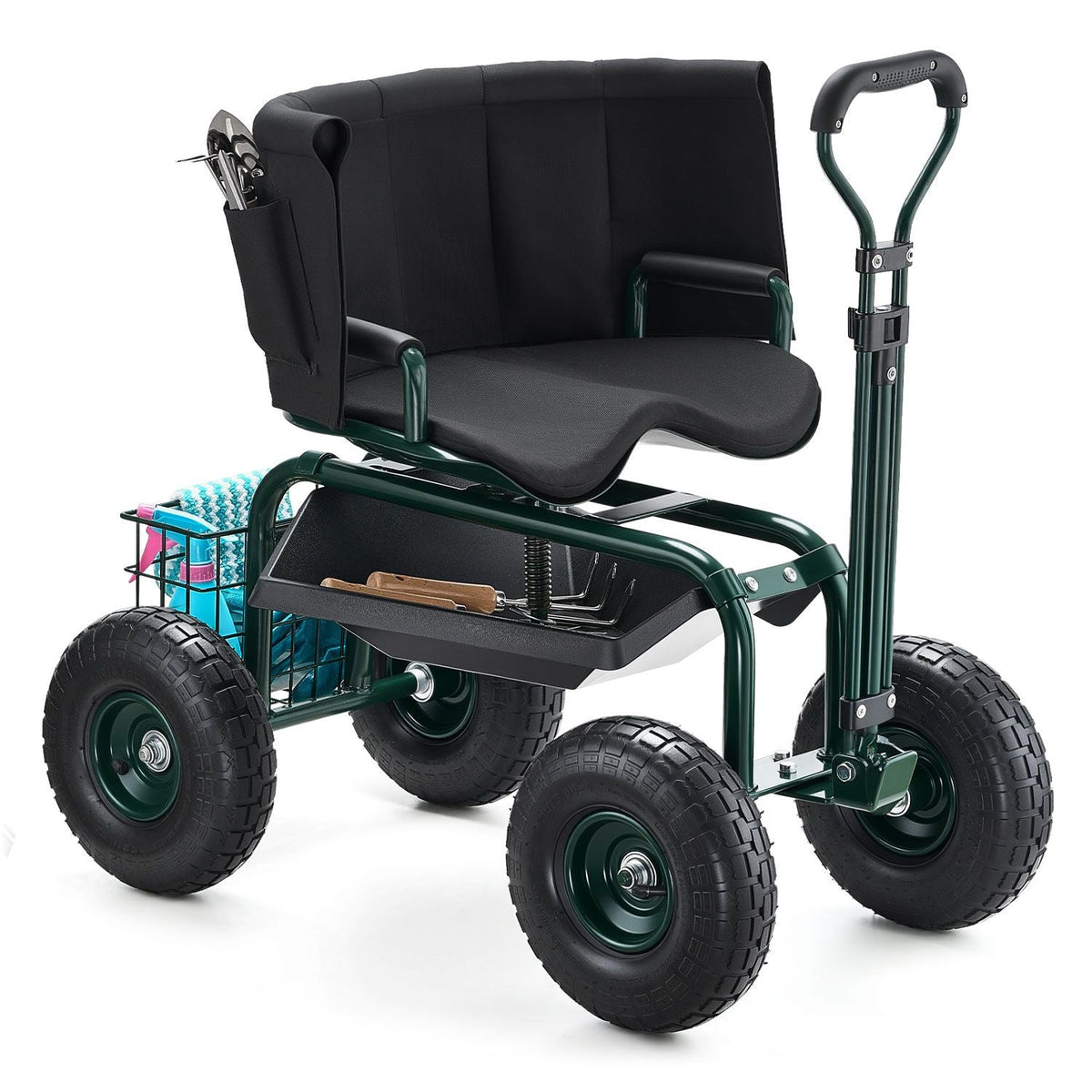 Garden Seat with Wheels, Rolling Garden Stool with Height Adjustable & 360° Swivel Seat, 400lbs Weight Capacity, Gardening Cart Bench, Ergonomic Backrest & Tool Storage, for Garden, Yard, Patio