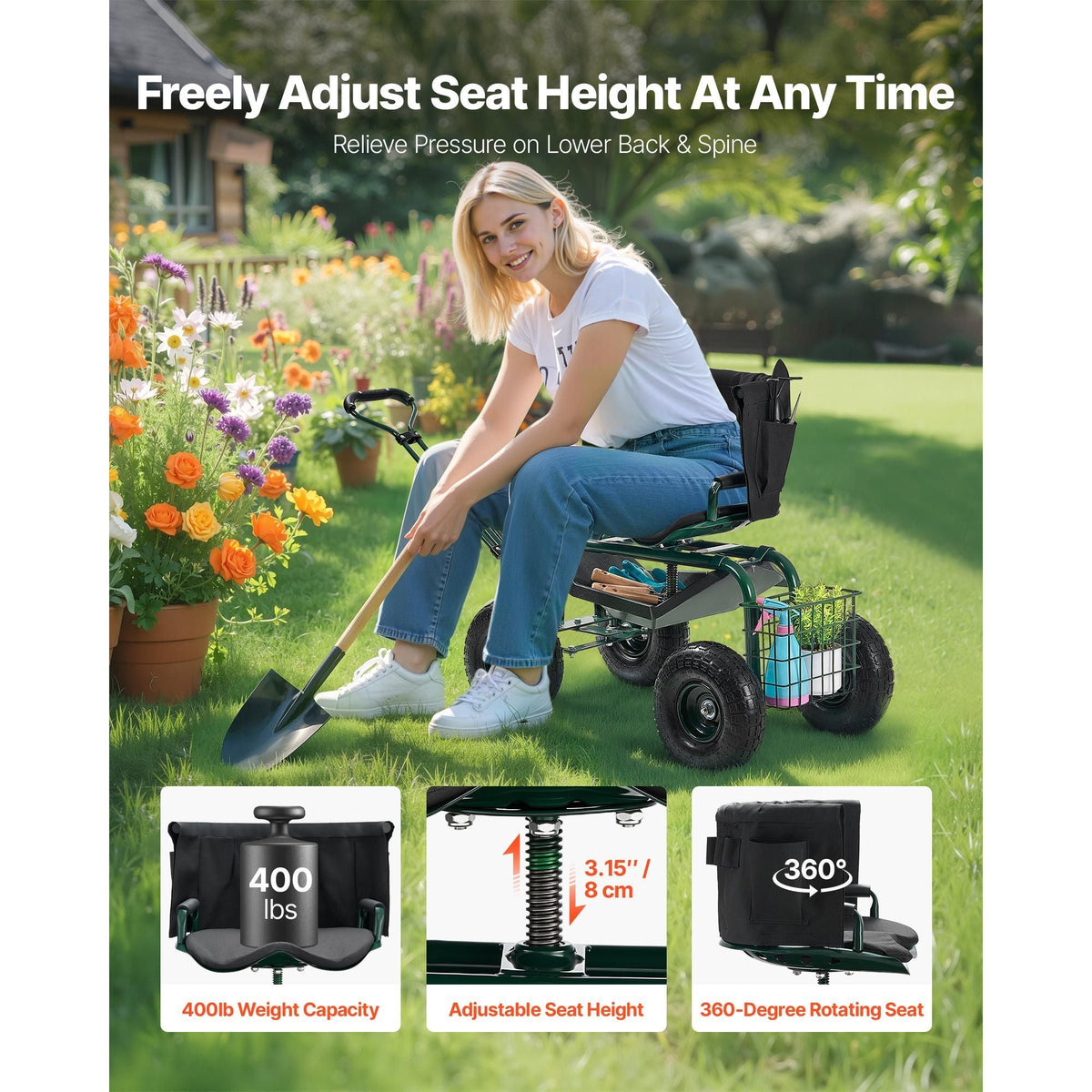 Garden Seat with Wheels, Rolling Garden Stool with Height Adjustable & 360° Swivel Seat, 400lbs Weight Capacity, Gardening Cart Bench, Ergonomic Backrest & Tool Storage, for Garden, Yard, Patio