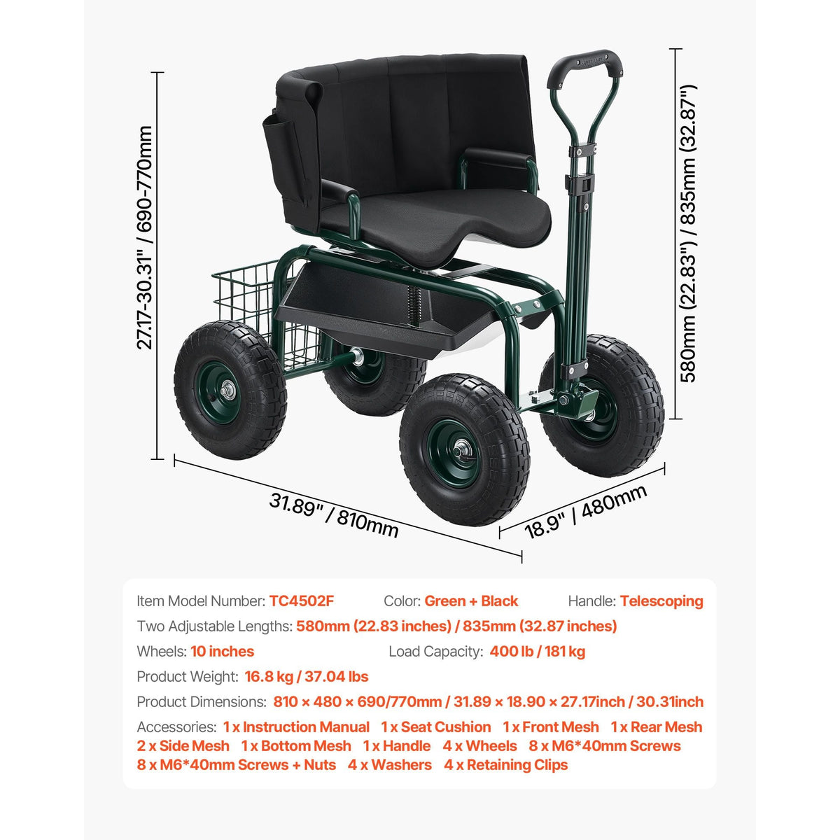 Garden Seat with Wheels, Rolling Garden Stool with Height Adjustable & 360° Swivel Seat, 400lbs Weight Capacity, Gardening Cart Bench, Ergonomic Backrest & Tool Storage, for Garden, Yard, Patio