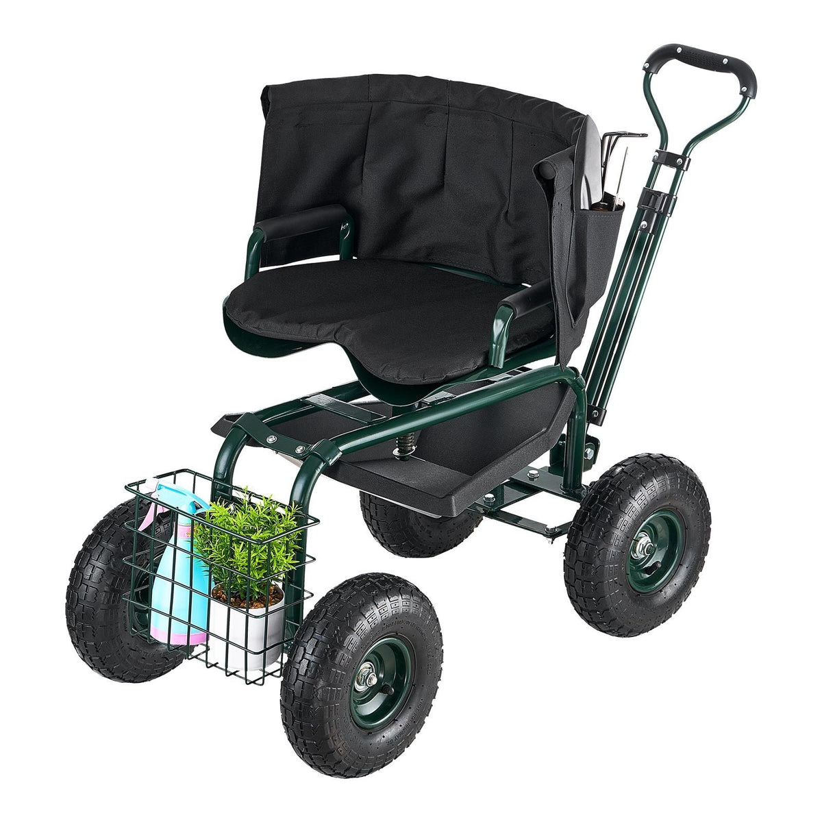 Garden Seat with Wheels, Rolling Garden Stool with Height Adjustable & 360° Swivel Seat, 400lbs Weight Capacity, Gardening Cart Bench, Ergonomic Backrest & Tool Storage, for Garden, Yard, Patio