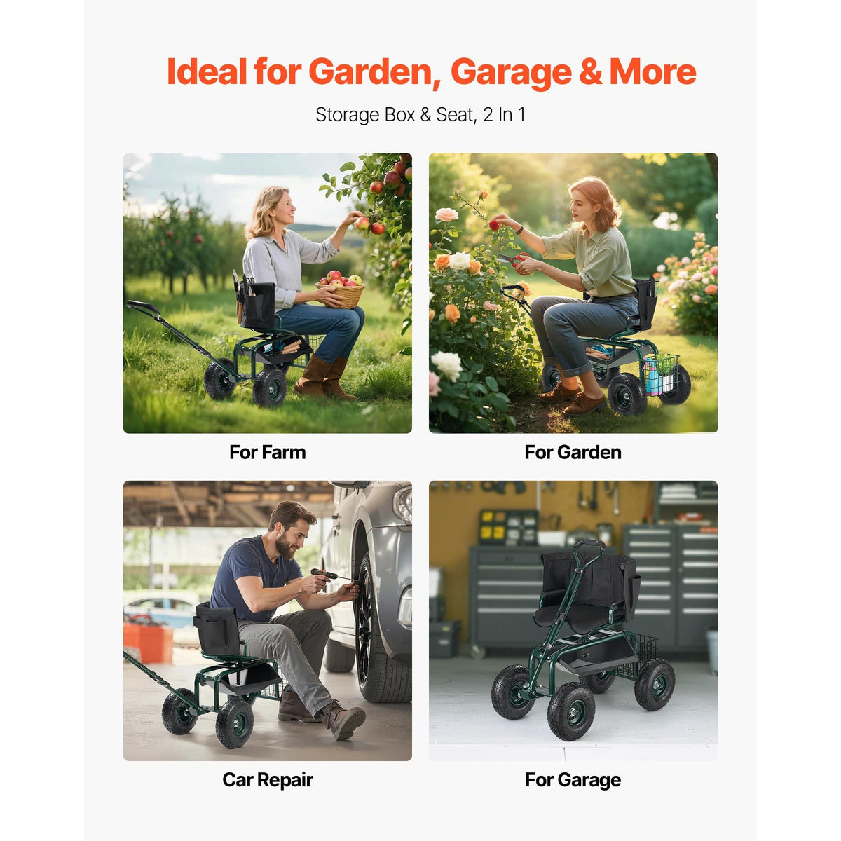 Garden Seat with Wheels, Rolling Garden Stool with Height Adjustable & 360° Swivel Seat, 400lbs Weight Capacity, Gardening Cart Bench, Ergonomic Backrest & Tool Storage, for Garden, Yard, Patio