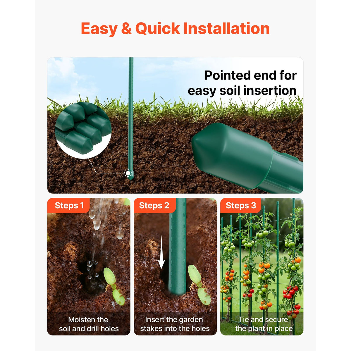 Garden Stakes, 25 Pack, 70.87 inch, Plastic Coated Metal Tomato Stakes, Garden Sticks for Plants Support, with Pointed End and Non-Slip Bumps for Growing Climbing Plants, Outdoor Vegetables