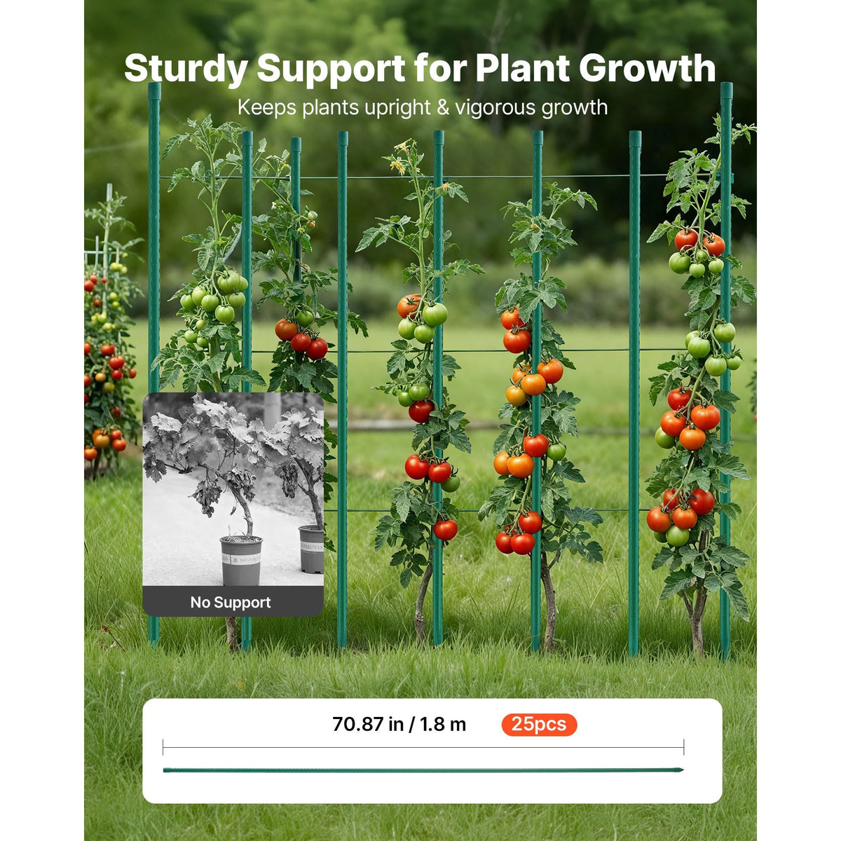 Garden Stakes, 25 Pack, 70.87 inch, Plastic Coated Metal Tomato Stakes, Garden Sticks for Plants Support, with Pointed End and Non-Slip Bumps for Growing Climbing Plants, Outdoor Vegetables