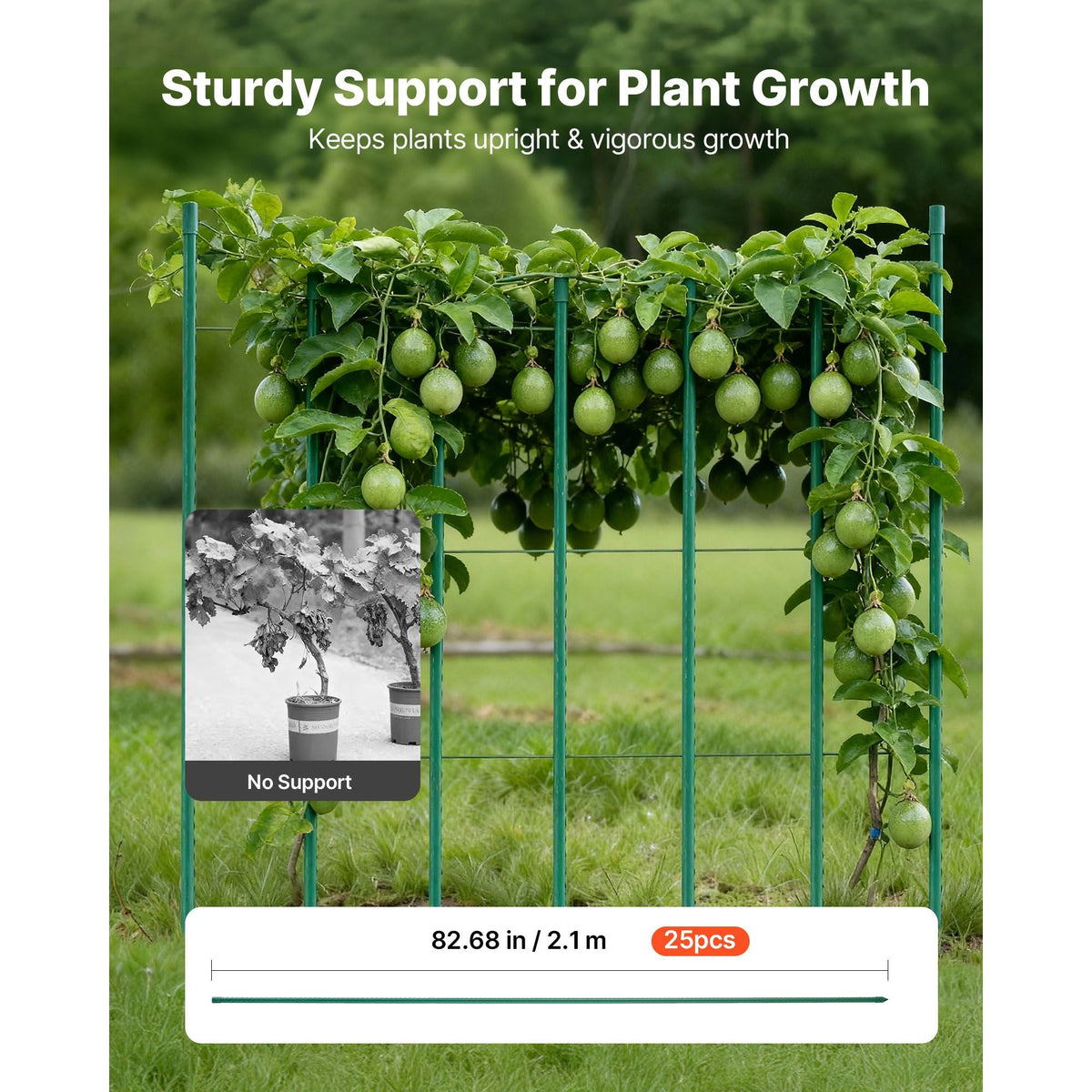 Garden Stakes, 25 Pack, 82.68 inch, Plastic Coated Metal Tomato Stakes, Garden Sticks for Plants Support, with Pointed End and Non-Slip Bumps for Growing Climbing Plants, Outdoor Vegetables