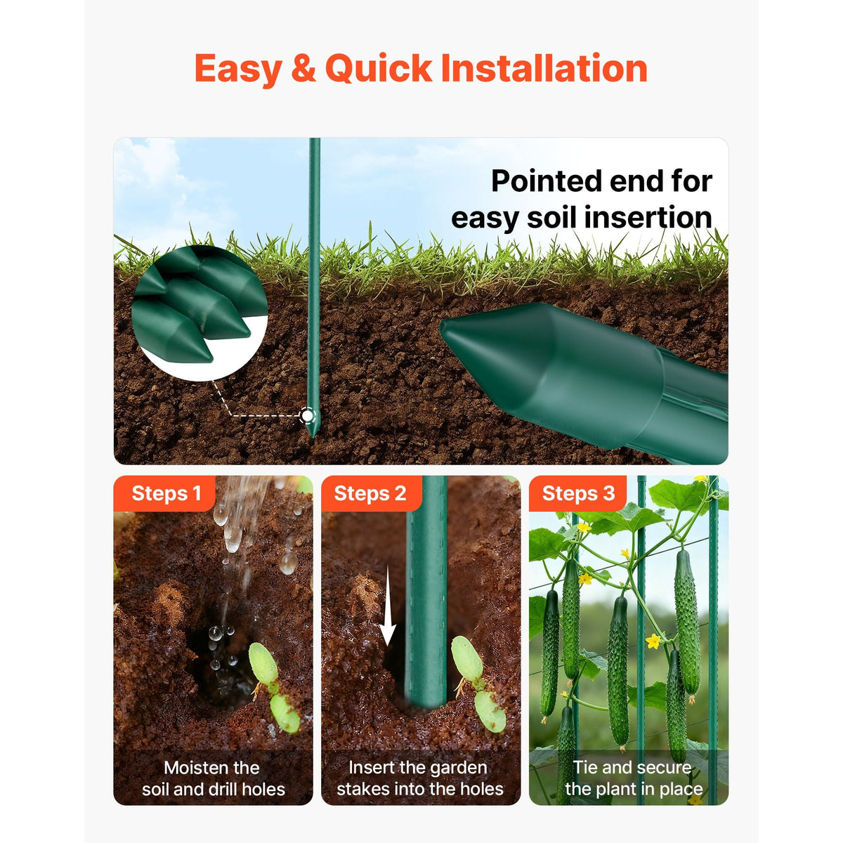 Garden Stakes, 50 Pack, 57.28 inch, Plastic Coated Metal Tomato Stakes, Garden Sticks for Plants Support, with Pointed End and Non-Slip Bumps for Growing Climbing Plants, Outdoor Vegetables