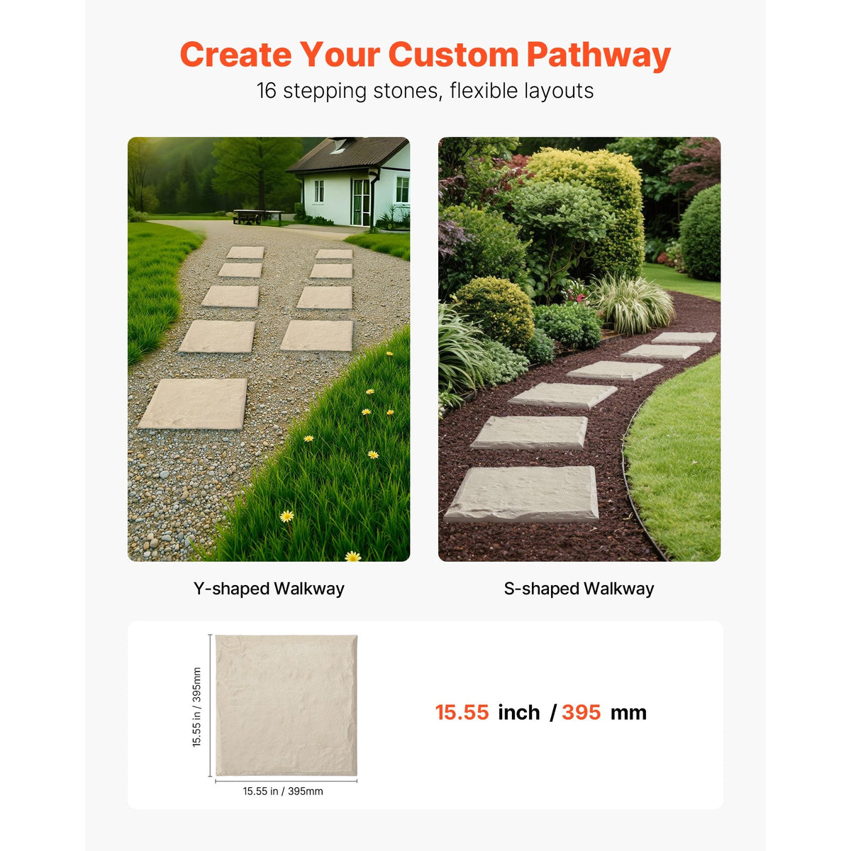 Garden Stepping Stones, 16Pcs 15.5 x 15.5 in, Decorative Stepping Stones with Stakes, Weather-Resistant Plastic Pathway Pavers, Smooth Surface, Outdoor Walkway for Lawn Patio Landscape, Beige