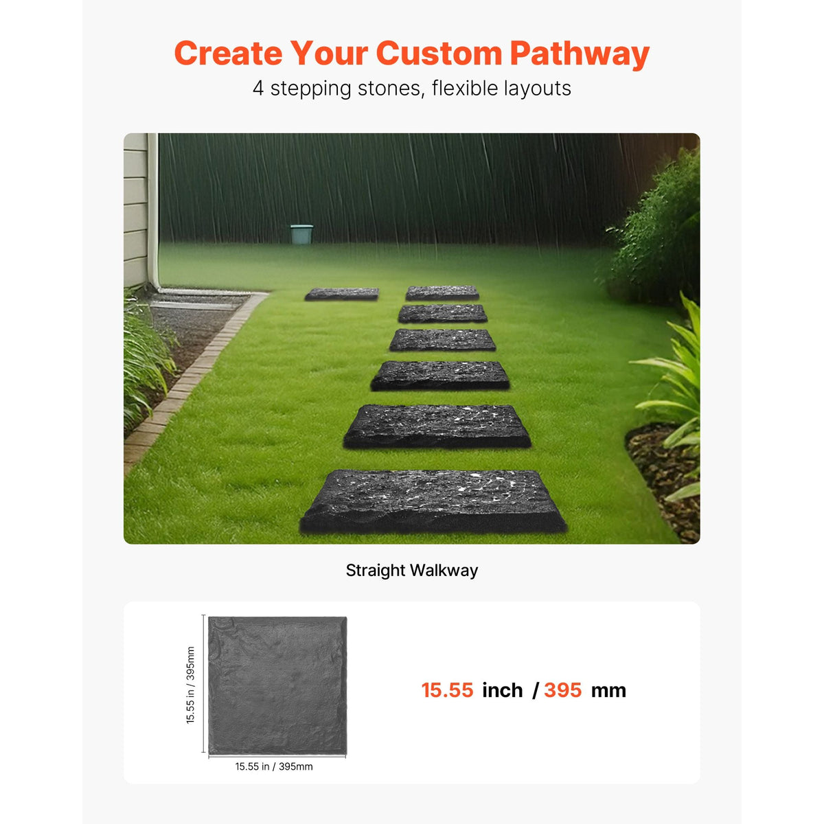 Garden Stepping Stones, 4Pcs 15.5 x 15.5 in, Decorative Stepping Stones with Stakes, Weather-Resistant Plastic Pathway Pavers, Smooth Surface, Outdoor Walkway for Lawn Patio Landscape, Grey