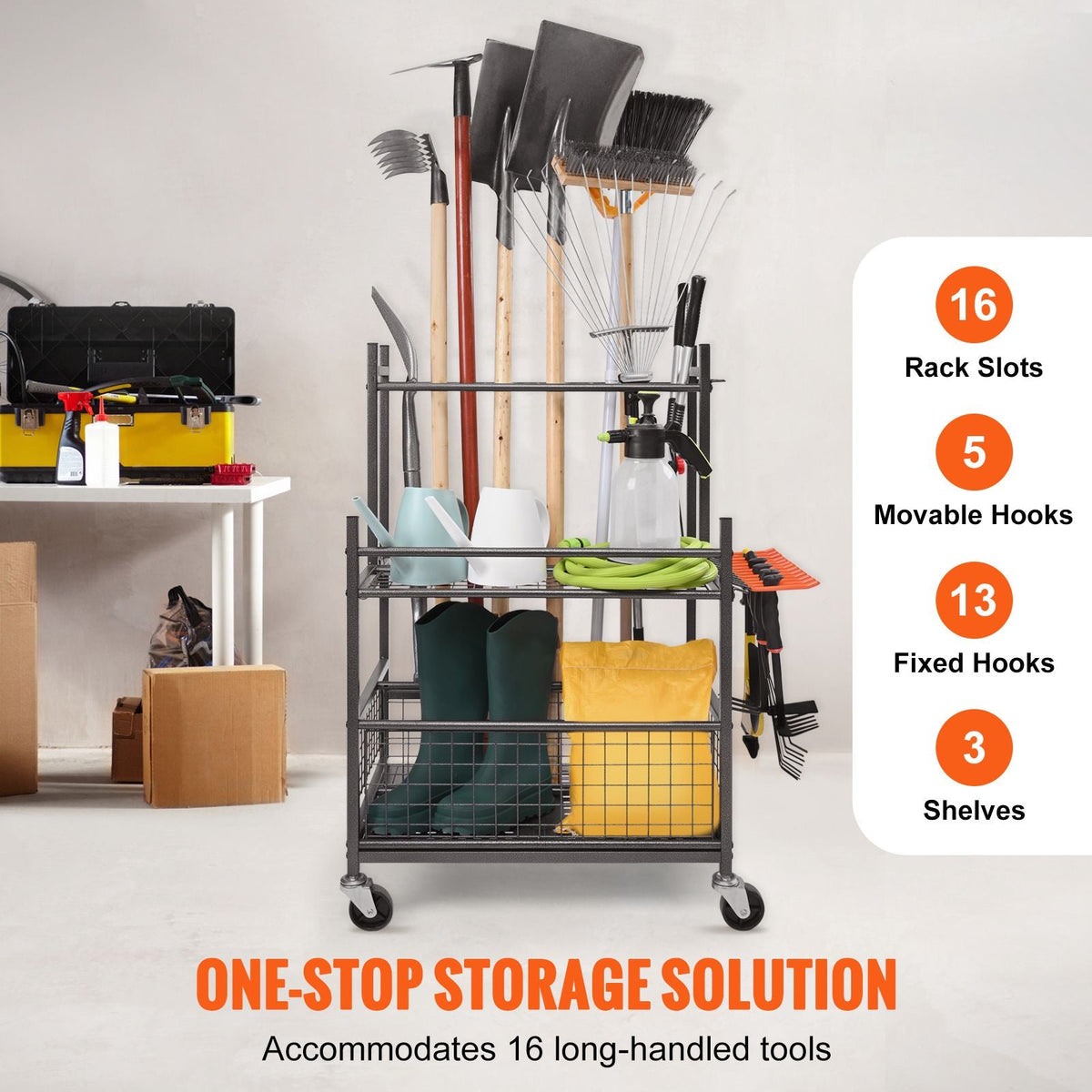 Garden Tool Organizer, 16 Slots with Hooks, Yard Tool Tower Rack with Wheels for Garage Organization and Storage, Hold Long-Handled Tool/Rake/Broom, Metal Tool Stand Holder for Shed, Outdoor
