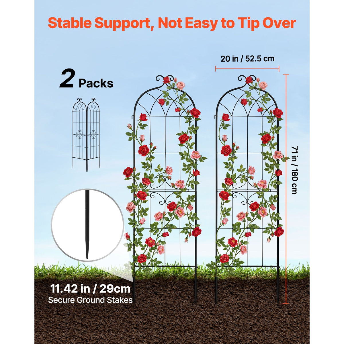 Garden Trellis, 71 x 20 inch Rose Trellis, 2 Packs Garden Flower Rose Trellises with Powder-Coated Finish & Convenient Locking Design, Plant Support Trellises for Flowers, Vegetables, Roses