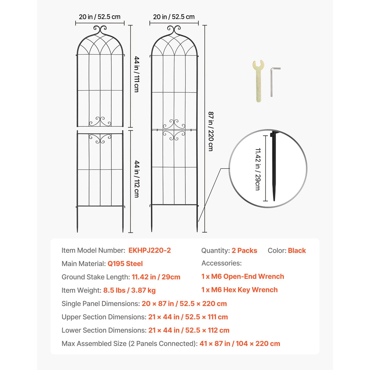 Garden Trellis, 87 x 20 inch Rose Trellis, 2 Packs Garden Flower Rose Trellises with Powder-Coated Finish & Convenient Locking Design, Plant Support Trellises for Flowers, Vegetables, Roses