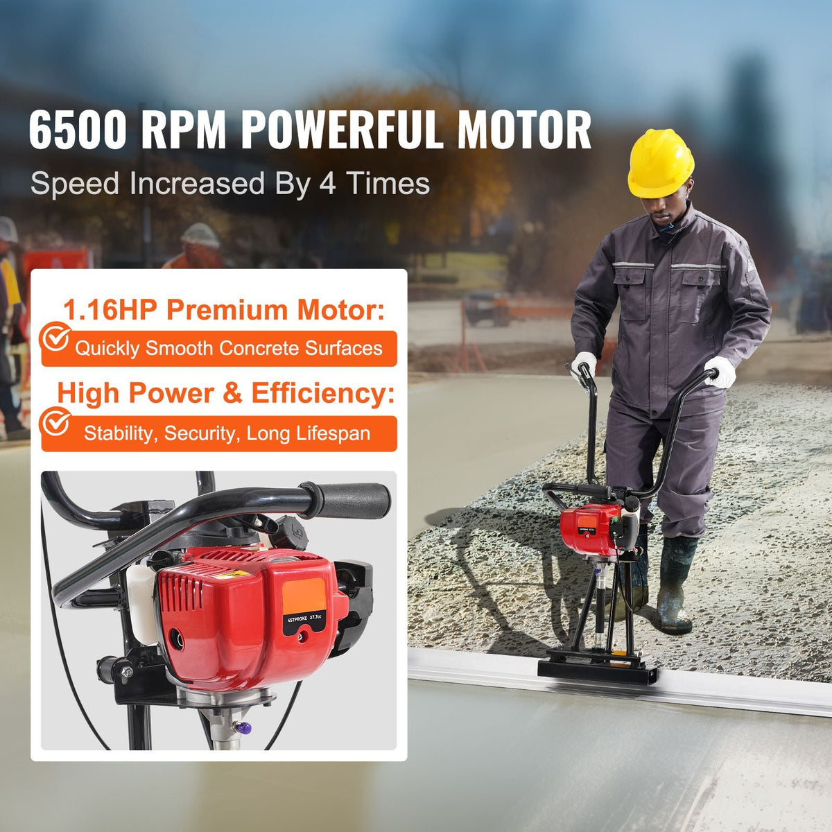 Gas Concrete Power Screed, 11ft Aluminum Board Straight Edge Bar Set, 4 Stroke Cement Finishing Vibrating Motor with Height Adjustable Handles, High Efficient Concrete Tools 6500RPM