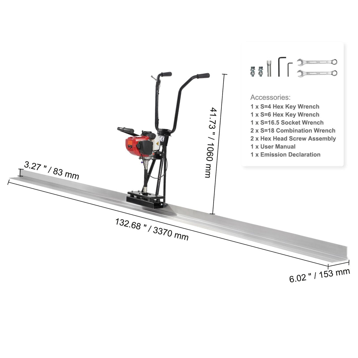 Gas Concrete Power Screed, 11ft Aluminum Board Straight Edge Bar Set, 4 Stroke Cement Finishing Vibrating Motor with Height Adjustable Handles, High Efficient Concrete Tools 6500RPM