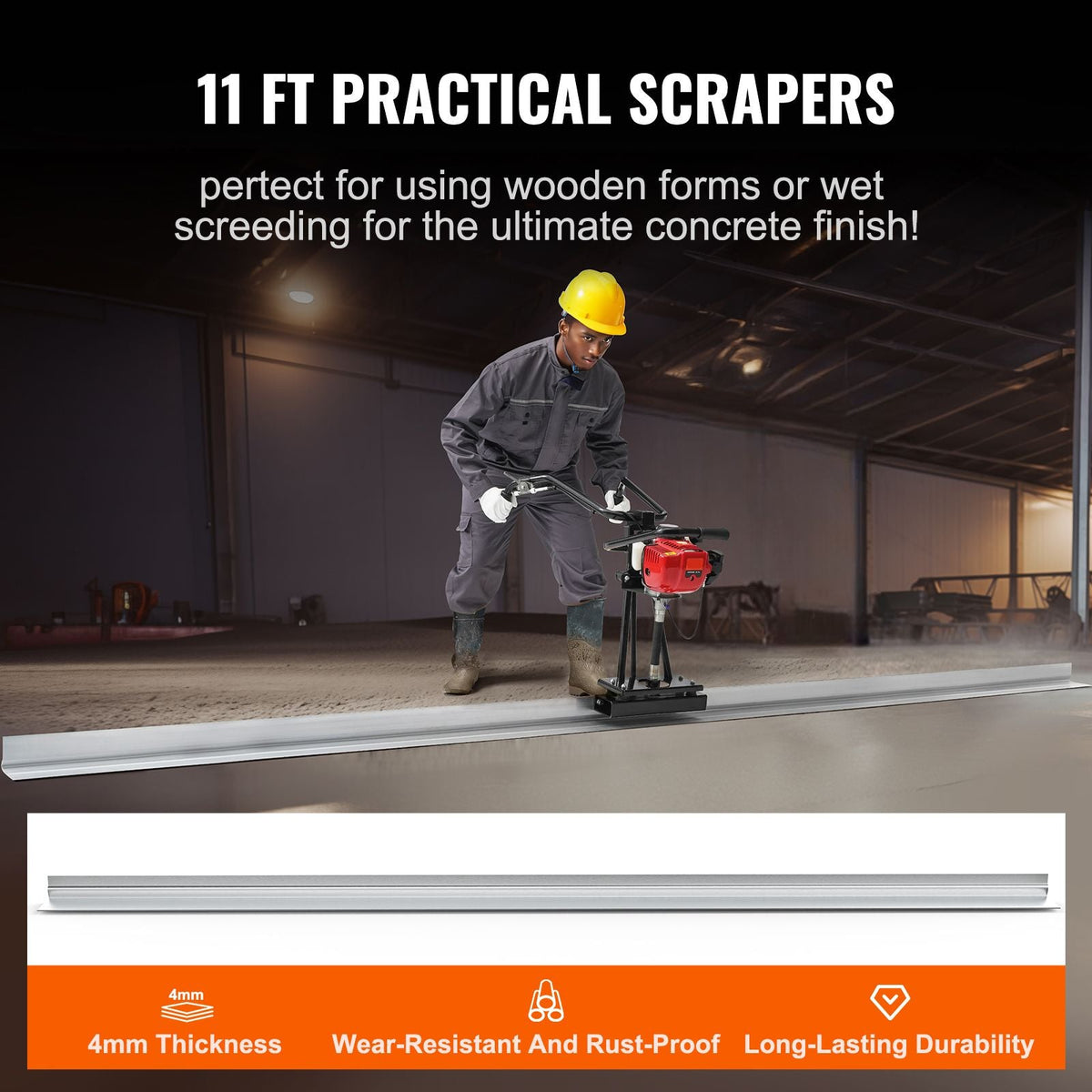 Gas Concrete Power Screed, 11ft Aluminum Board Straight Edge Bar Set, 4 Stroke Cement Finishing Vibrating Motor with Height Adjustable Handles, High Efficient Concrete Tools 6500RPM