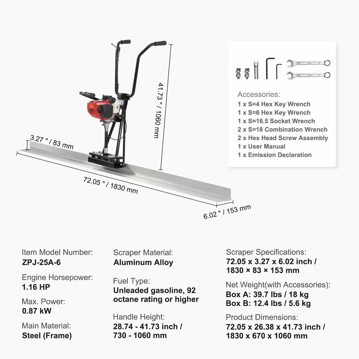 Gas Concrete Power Screed, 6ft Aluminum Board Straight Edge Bar Set, 4 Stroke Cement Finishing Vibrating Motor with Height Adjustable Handles, High Efficient Concrete Tools 6500RPM
