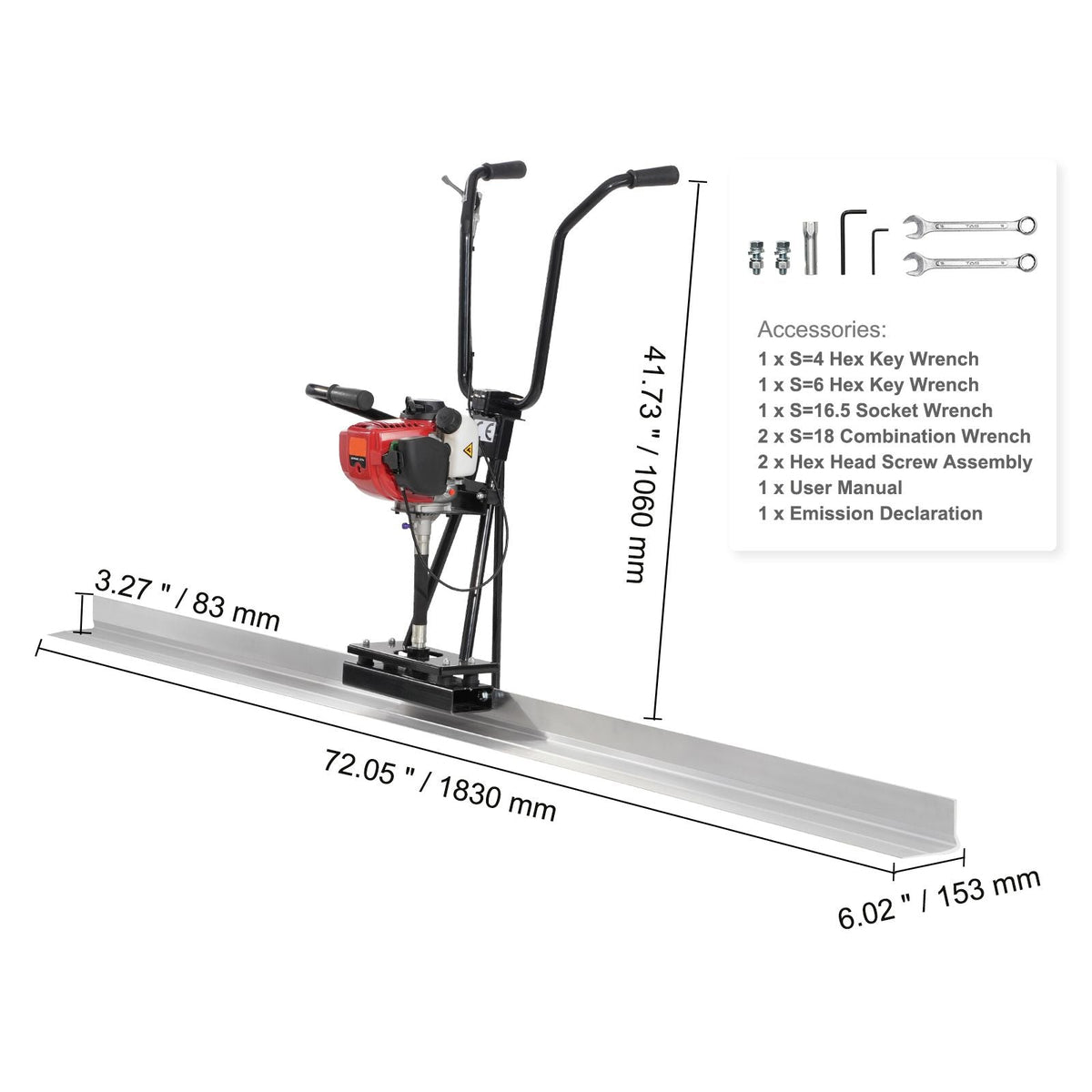 Gas Concrete Power Screed, 6ft Aluminum Board Straight Edge Bar Set, 4 Stroke Cement Finishing Vibrating Motor with Height Adjustable Handles, High Efficient Concrete Tools 6500RPM