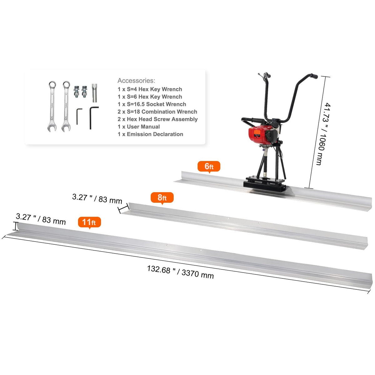 Gas Concrete Power Screed, 6ft/8ft/11ft Aluminum Board Straight Edge Bar Set, 4 Stroke Cement Finishing Vibrating Motor w/ Height Adjustable Handles, High Efficient Concrete Tool 6500RPM