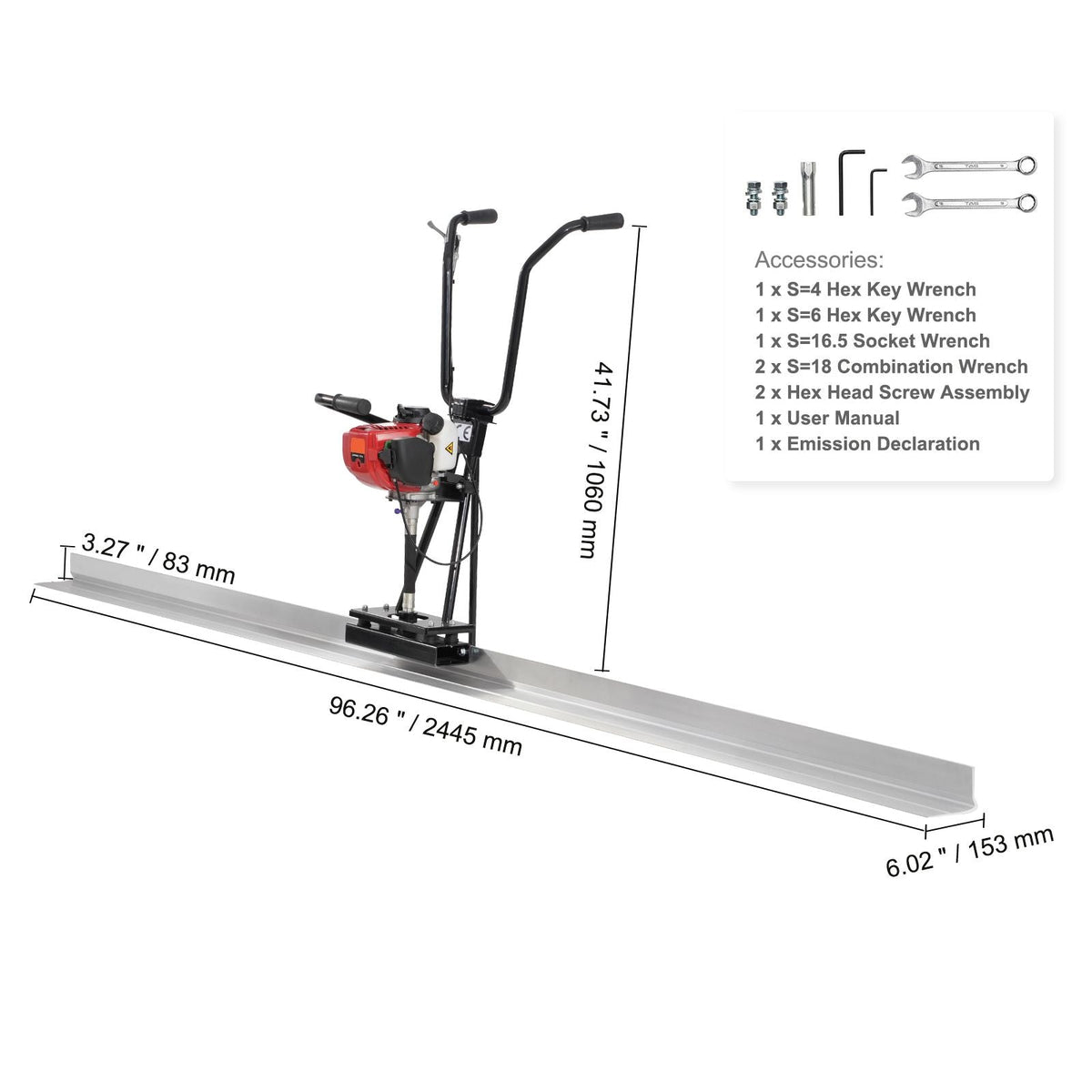 Gas Concrete Power Screed, 8ft Aluminum Board Straight Edge Bar Set, 4 Stroke Cement Finishing Vibrating Motor with Height Adjustable Handles, High Efficient Concrete Tools 6500RPM