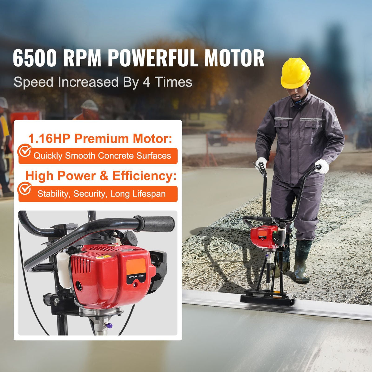 Gas Concrete Power Screed, 8ft Aluminum Board Straight Edge Bar Set, 4 Stroke Cement Finishing Vibrating Motor with Height Adjustable Handles, High Efficient Concrete Tools 6500RPM