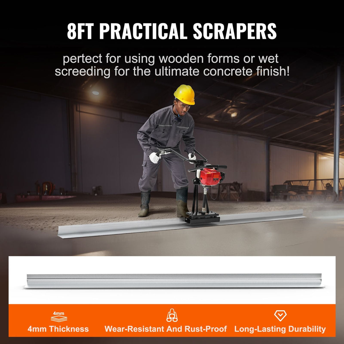 Gas Concrete Power Screed, 8ft Aluminum Board Straight Edge Bar Set, 4 Stroke Cement Finishing Vibrating Motor with Height Adjustable Handles, High Efficient Concrete Tools 6500RPM