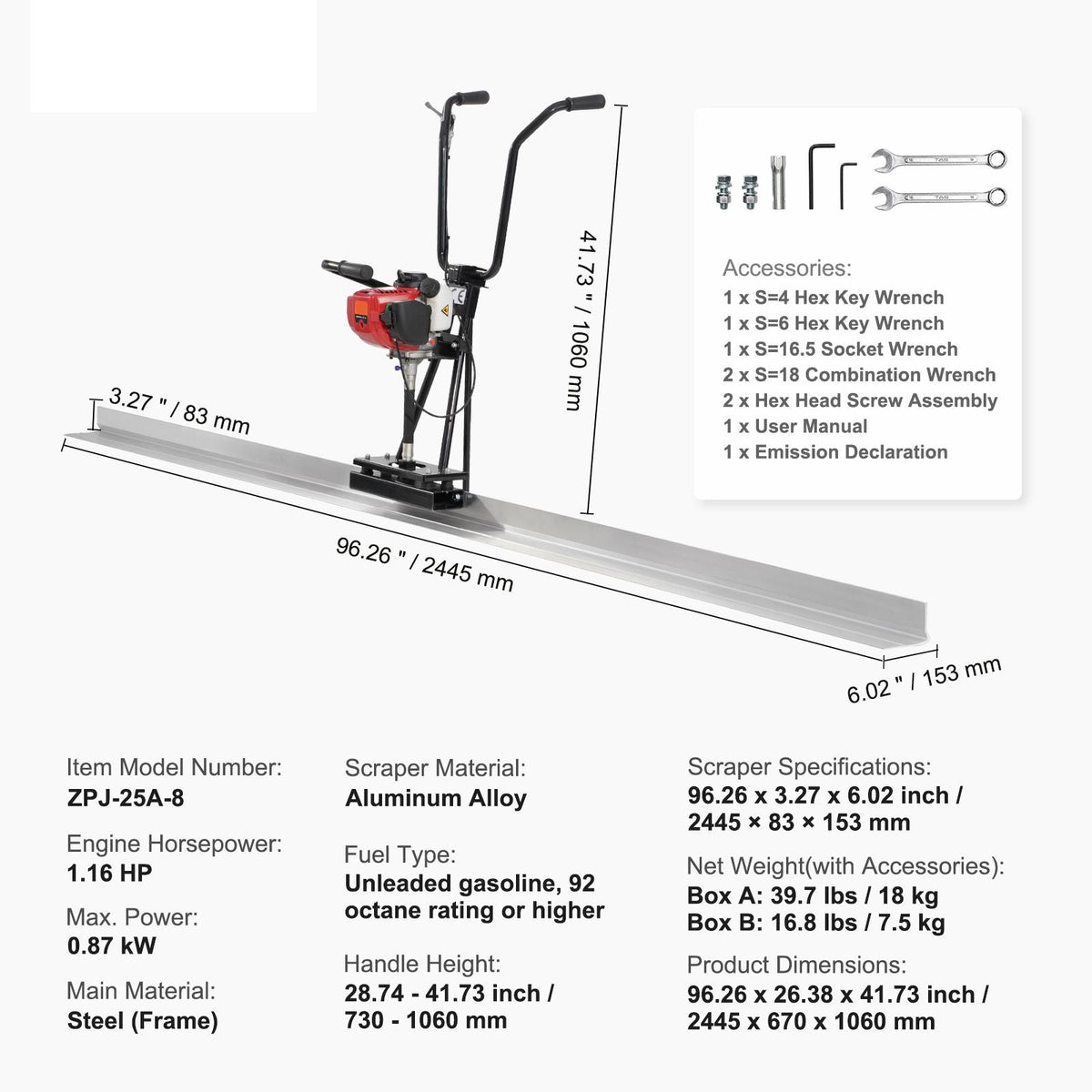 Gas Concrete Power Screed, 8ft Aluminum Board Straight Edge Bar Set, 4 Stroke Cement Finishing Vibrating Motor with Height Adjustable Handles, High Efficient Concrete Tools 6500RPM
