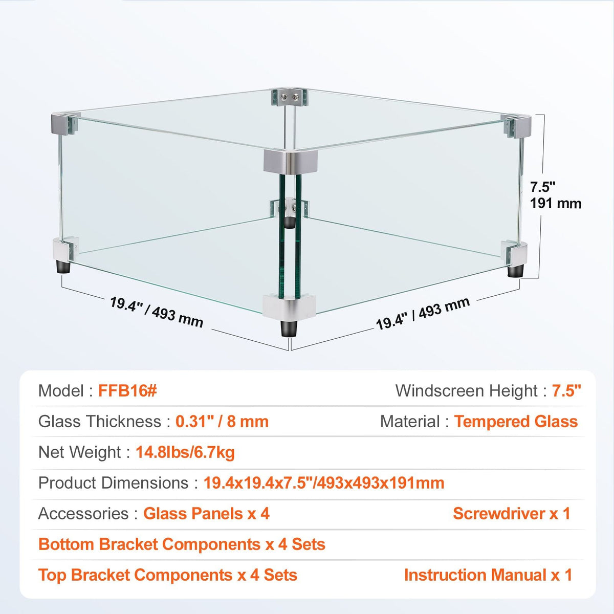 Gas Fire Pit Wind Guard for Square Fire Table, 19 x 19 x 7.5 inch Clear Tempered Wind Guard for Firepits, 0.31 inch Thick Square Glass Shield, Glass Panel with Hard Corner Bracket & Feet