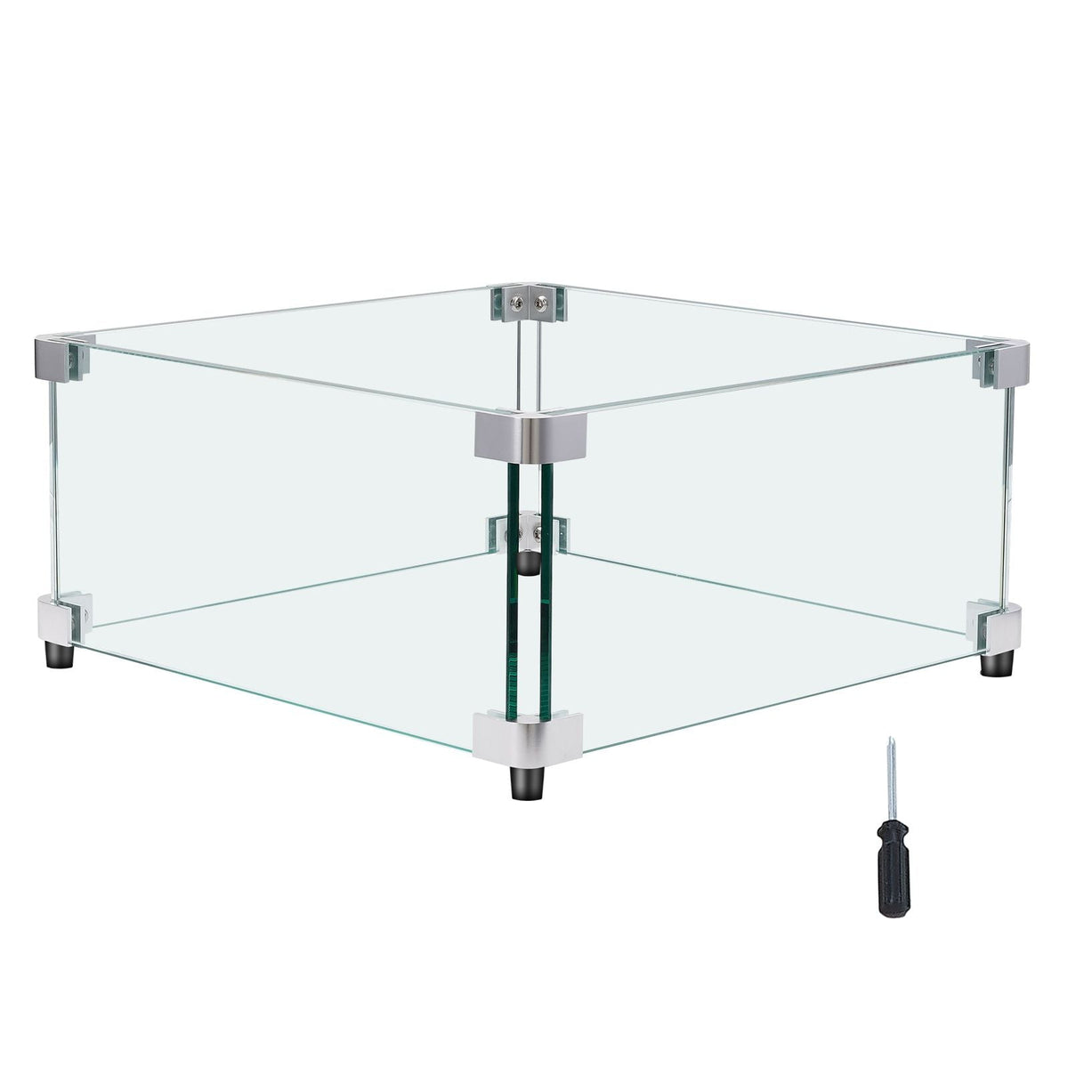 Gas Fire Pit Wind Guard for Square Fire Table, 19 x 19 x 7.5 inch Clear Tempered Wind Guard for Firepits, 0.31 inch Thick Square Glass Shield, Glass Panel with Hard Corner Bracket & Feet