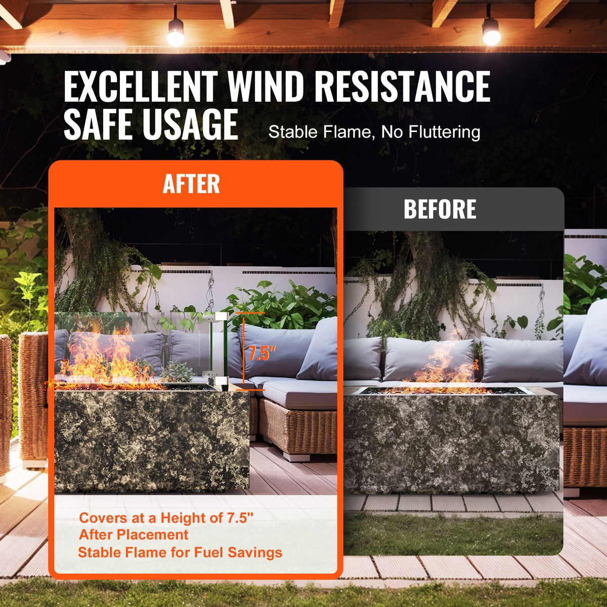 Gas Fire Pit Wind Guard for Square Fire Table, 19 x 19 x 7.5 inch Clear Tempered Wind Guard for Firepits, 0.31 inch Thick Square Glass Shield, Glass Panel with Hard Corner Bracket & Feet
