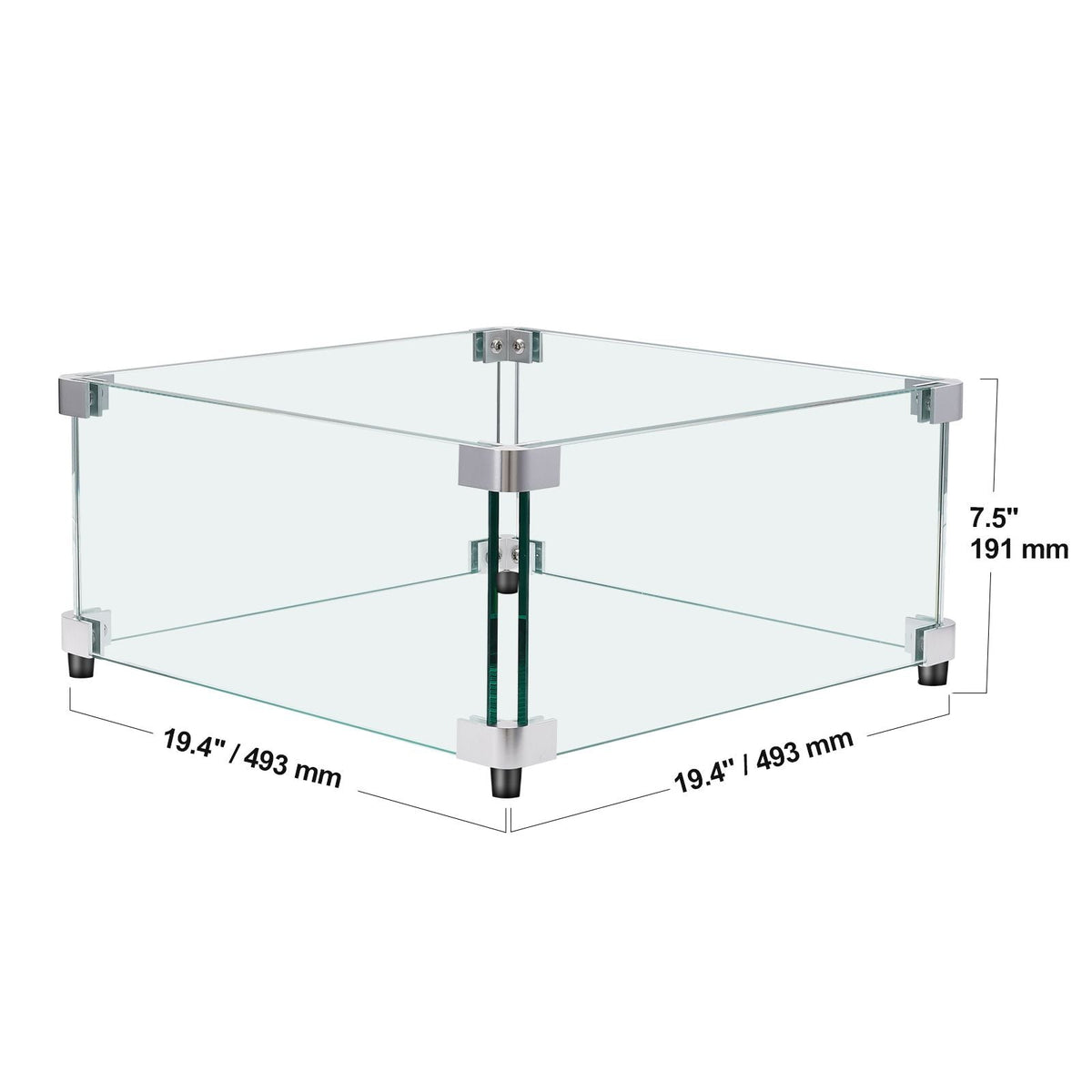 Gas Fire Pit Wind Guard for Square Fire Table, 19 x 19 x 7.5 inch Clear Tempered Wind Guard for Firepits, 0.31 inch Thick Square Glass Shield, Glass Panel with Hard Corner Bracket & Feet