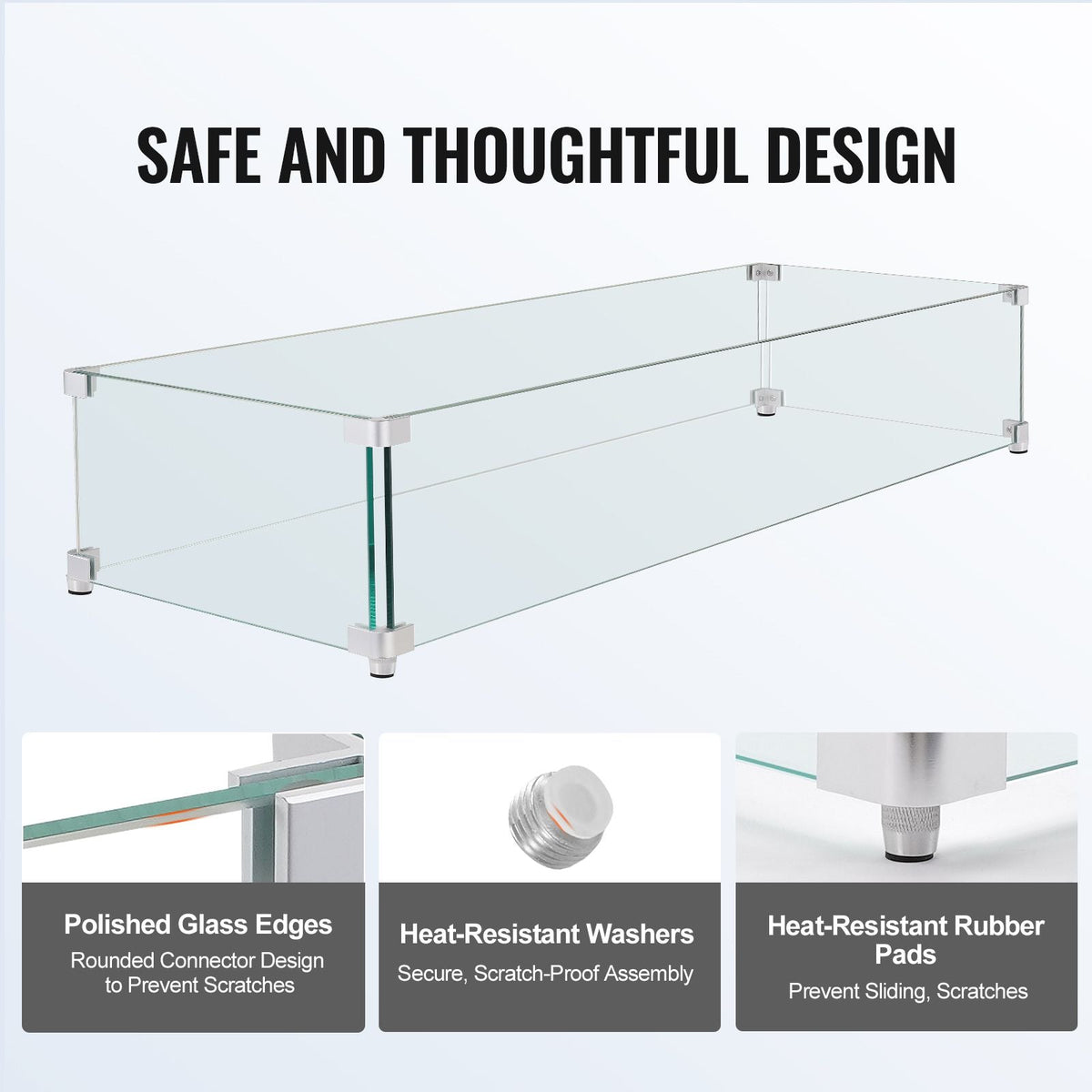 Gas Fire Pit Wind Guard for Square Fire Table, 23.5 x 7.5 x 6.5 inch Clear Tempered Wind Guard for Firepits, 0.31 inch Thick Square Glass Shield, Glass Panel with Hard Corner Bracket & Feet
