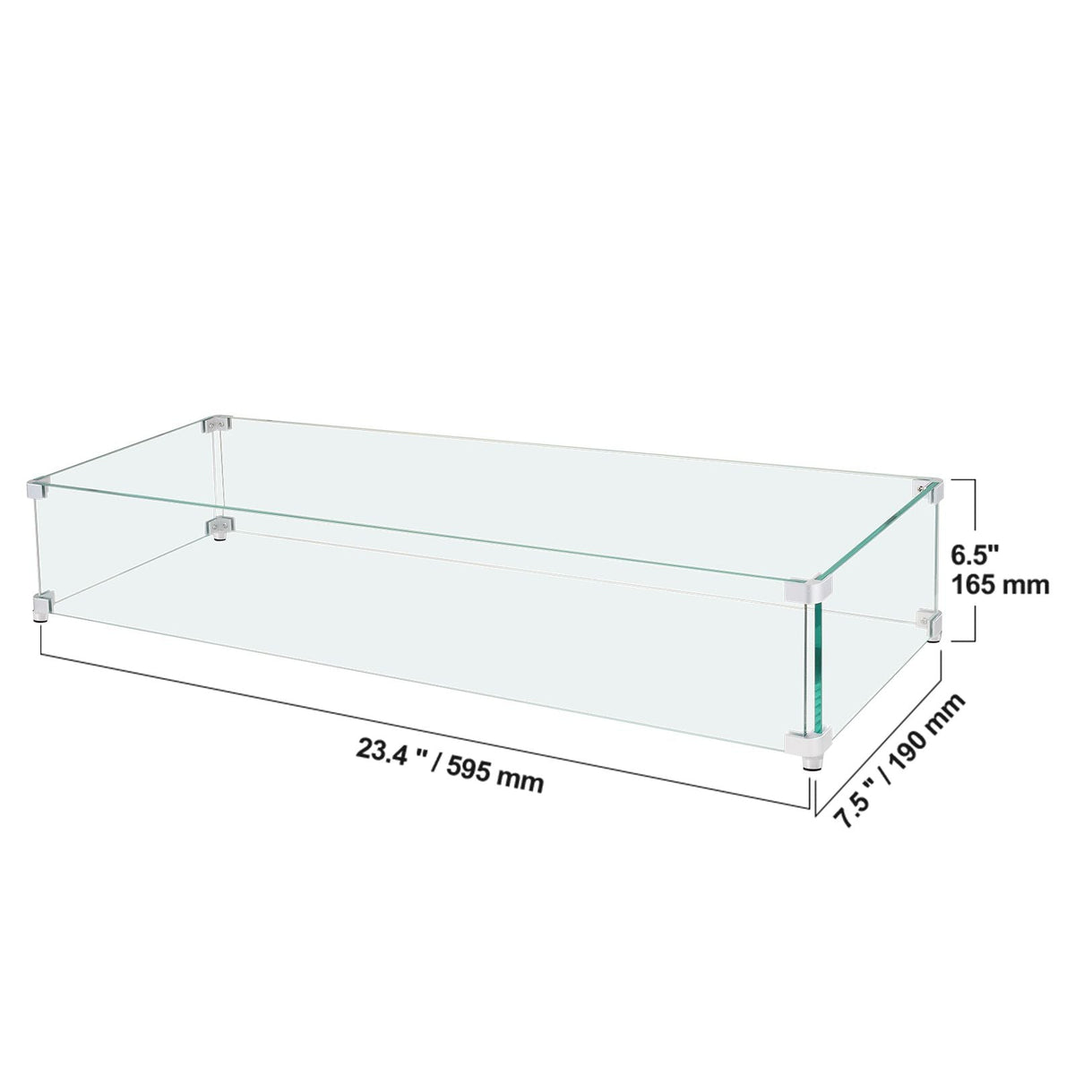 Gas Fire Pit Wind Guard for Square Fire Table, 23.5 x 7.5 x 6.5 inch Clear Tempered Wind Guard for Firepits, 0.31 inch Thick Square Glass Shield, Glass Panel with Hard Corner Bracket & Feet
