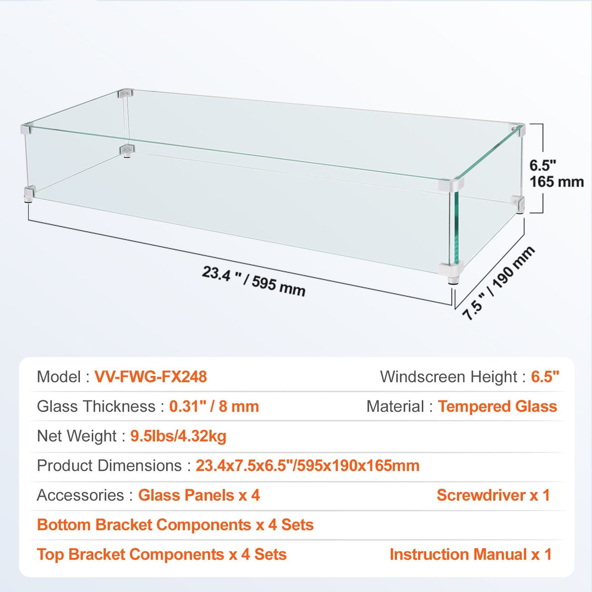 Gas Fire Pit Wind Guard for Square Fire Table, 23.5 x 7.5 x 6.5 inch Clear Tempered Wind Guard for Firepits, 0.31 inch Thick Square Glass Shield, Glass Panel with Hard Corner Bracket & Feet