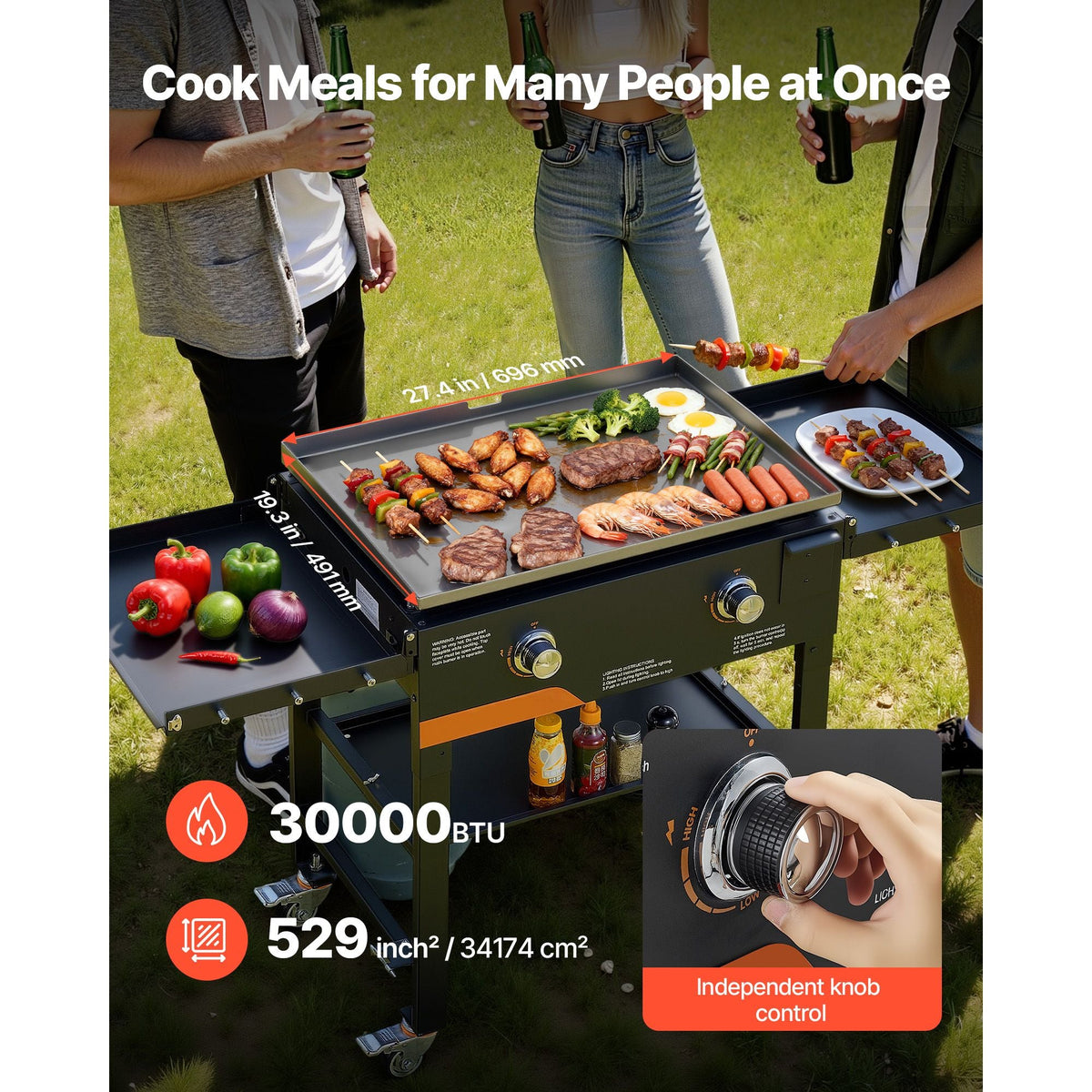Gas Griddle, 2-Burner Flat Top Grill, 28 inch Grill Plate Foldable Propane Griddle with Wheels, 30000 BTU Outdoor Flat Top Grills for Pan-Frying, Grilling, Stir-Frying, & BBQ, Pulse Ignition