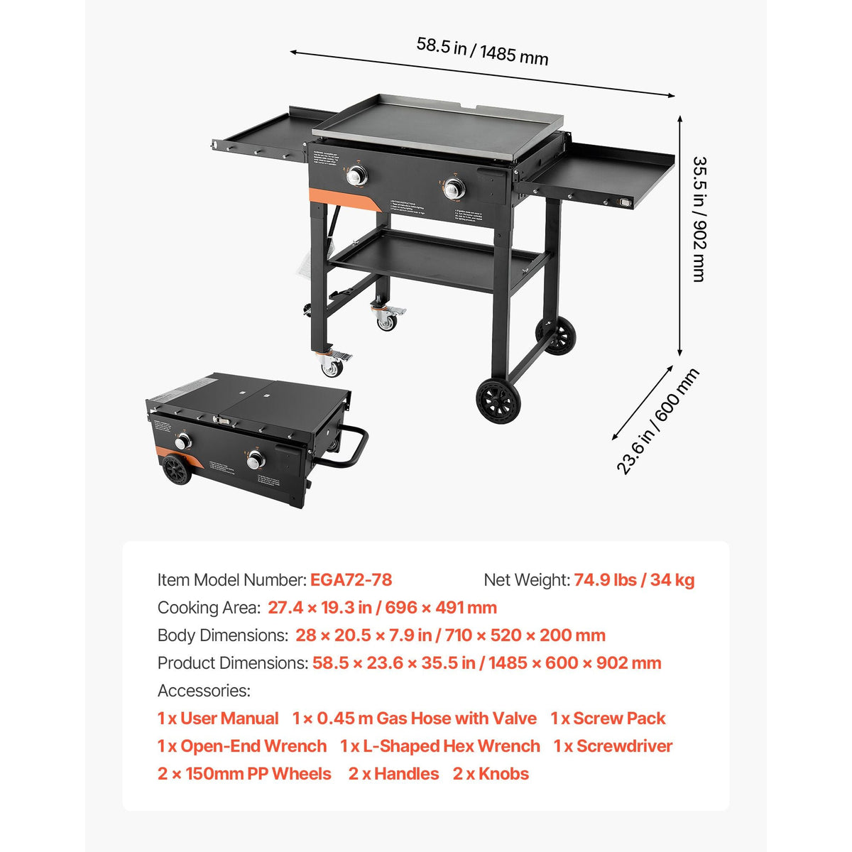 Gas Griddle, 2-Burner Flat Top Grill, 28 inch Grill Plate Foldable Propane Griddle with Wheels, 30000 BTU Outdoor Flat Top Grills for Pan-Frying, Grilling, Stir-Frying, & BBQ, Pulse Ignition