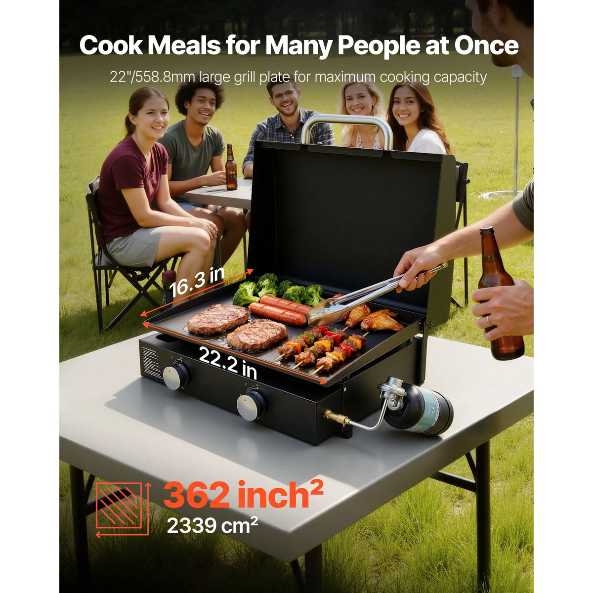Gas Griddle, 2 Burner Tabletop Griddle, 22 inch Portable Griddles Propane with Lid, Oil Drain Hole & Oil Collection Tray, 2 x 11000BTU Camping Flat Top Grill for Outdoor Cooking, Tailgating