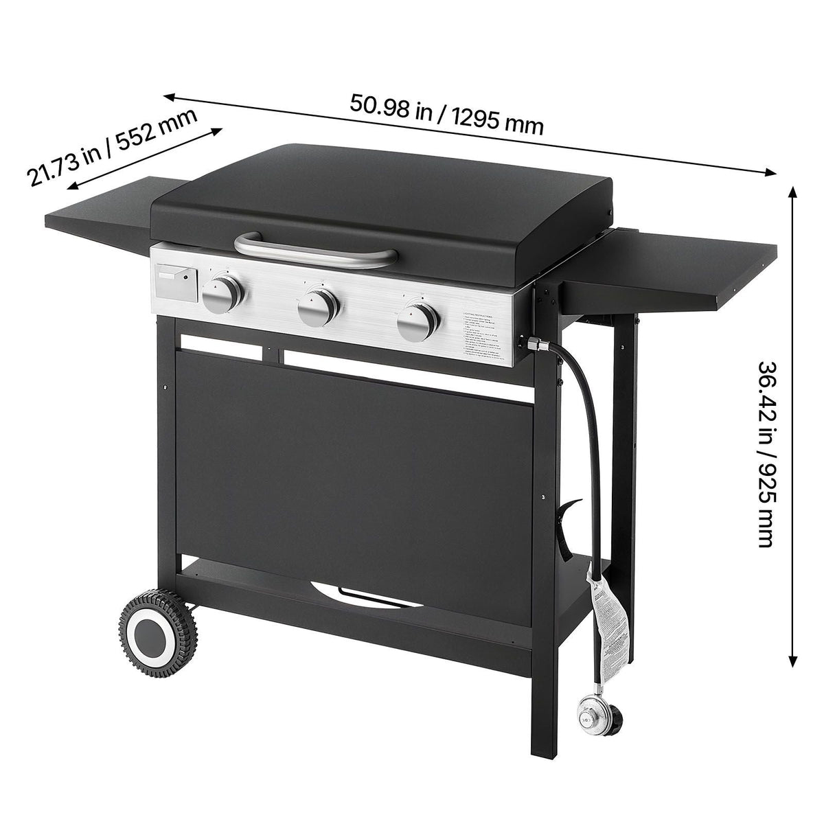 Gas Griddle, 3-Burner Flat Top Grill, Propane Griddle with Wheels, Lid, 3 x 11000 BTU Outdoor Flat Top Grills for Pan-Frying, Grilling, Stir-Frying, & BBQ, Pulse Ignition, Removable Top Design