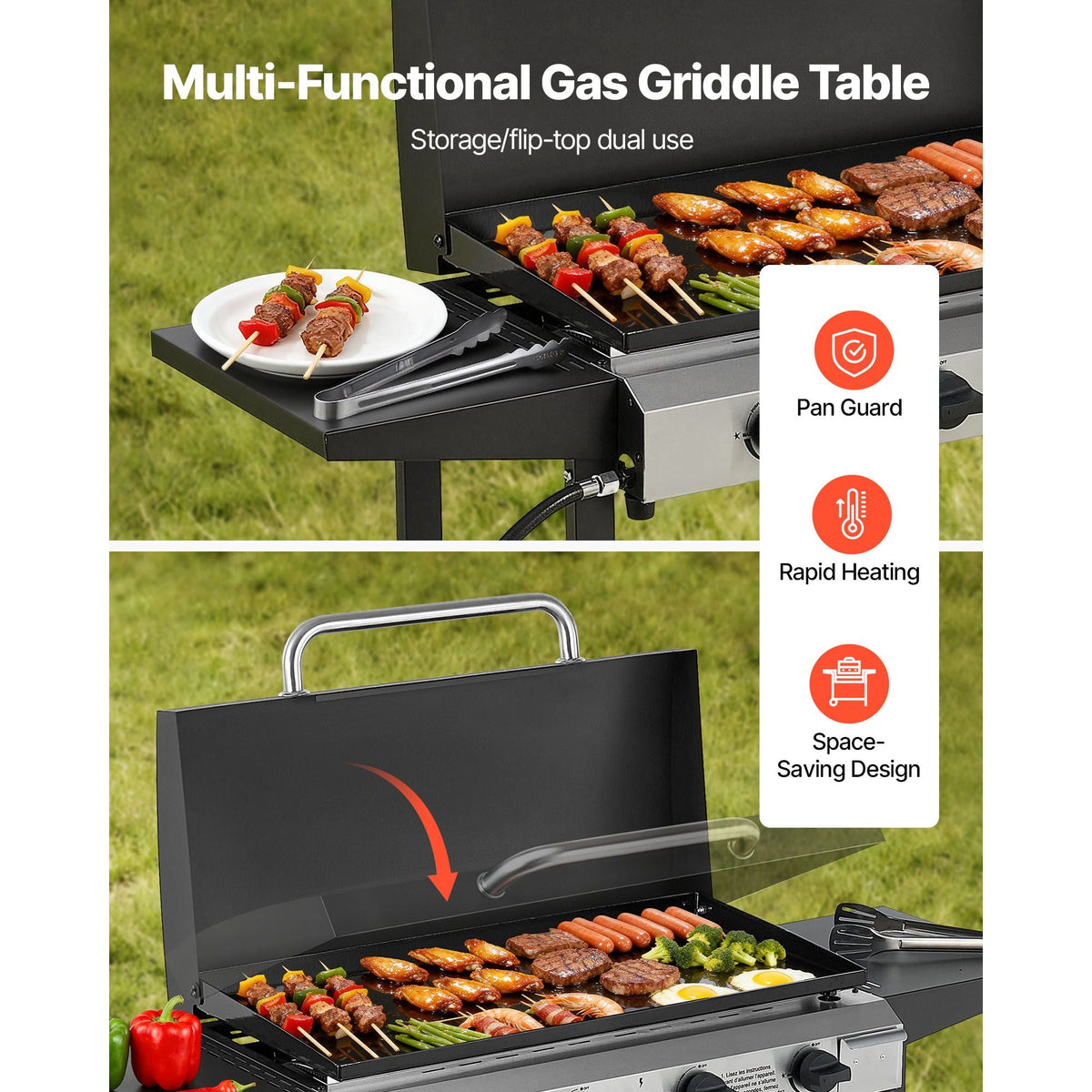 Gas Griddle, 4-Burner Flat Top Grill, 29 inch Grill Plate Propane Griddle with Wheels, Lid, 28000 BTU Outdoor Flat Top Grills for Pan-Frying, Grilling, Stir-Frying, & BBQ, Pulse Ignition