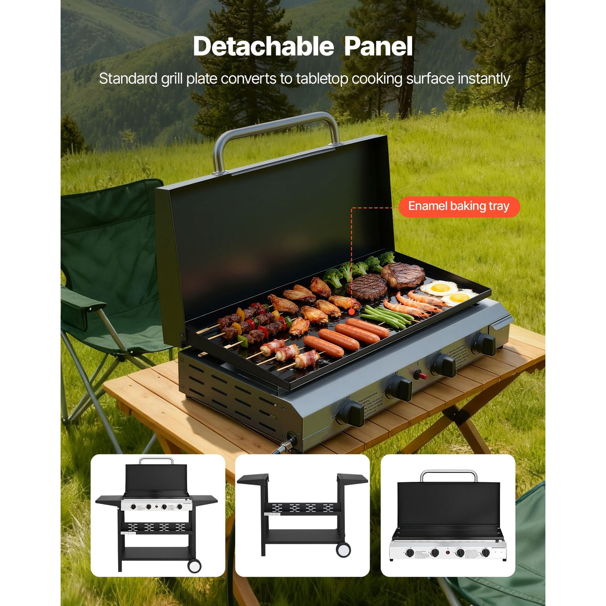 Gas Griddle, 4-Burner Flat Top Grill, 29 inch Grill Plate Propane Griddle with Wheels, Lid, 28000 BTU Outdoor Flat Top Grills for Pan-Frying, Grilling, Stir-Frying, & BBQ, Pulse Ignition