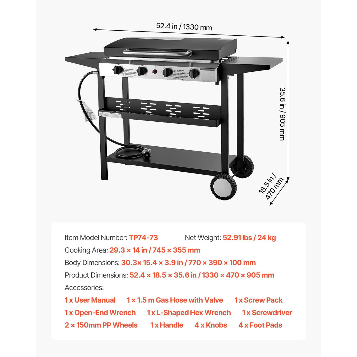 Gas Griddle, 4-Burner Flat Top Grill, 29 inch Grill Plate Propane Griddle with Wheels, Lid, 28000 BTU Outdoor Flat Top Grills for Pan-Frying, Grilling, Stir-Frying, & BBQ, Pulse Ignition