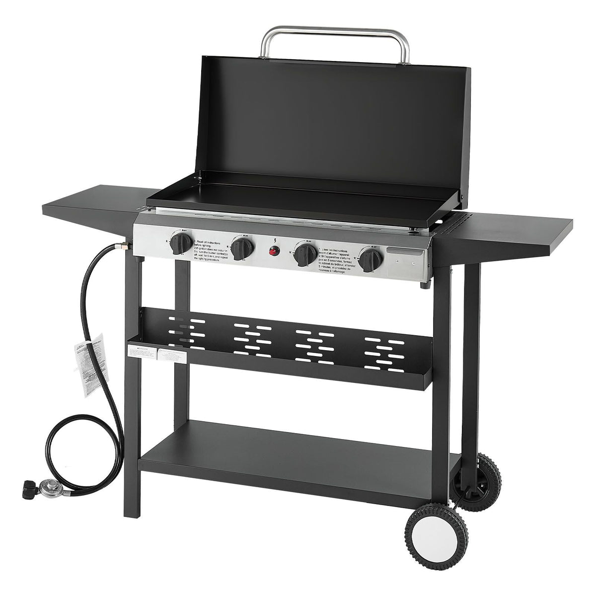 Gas Griddle, 4-Burner Flat Top Grill, 29 inch Grill Plate Propane Griddle with Wheels, Lid, 28000 BTU Outdoor Flat Top Grills for Pan-Frying, Grilling, Stir-Frying, & BBQ, Pulse Ignition